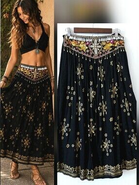 HIPPIE Beaded WAISTBAND Sequin Gypsy Boho Festival Maxi SKIRT Womens One Size